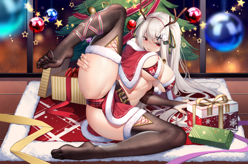 1girl absurdres antlers black_thighhighs box bra breasts christmas christmas_ornaments christmas_tree commentary dress feet fur-trimmed_dress fur-trimmed_headwear fur_trim gift gift_box gloves hair_between_eyes hat highres horns large_breasts legs long_hair looking_at_viewer meion original panties red_eyes red_gloves red_hat santa_costume santa_hat silver_hair solo thighhighs thighs tokisaki_mio_(niliu_chahui) underwear