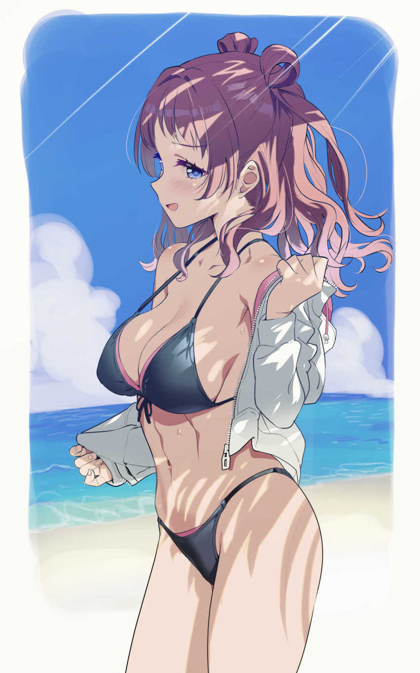 1girl andou_shuki beach bikini black_bikini blue_eyes blue_sky blush breasts brown_hair cloud gakuen_idolmaster hair_rings hanami_saki highres idolmaster jacket large_breasts navel open_clothes open_jacket outdoors sky smile solo sunlight swimsuit toned toned_female