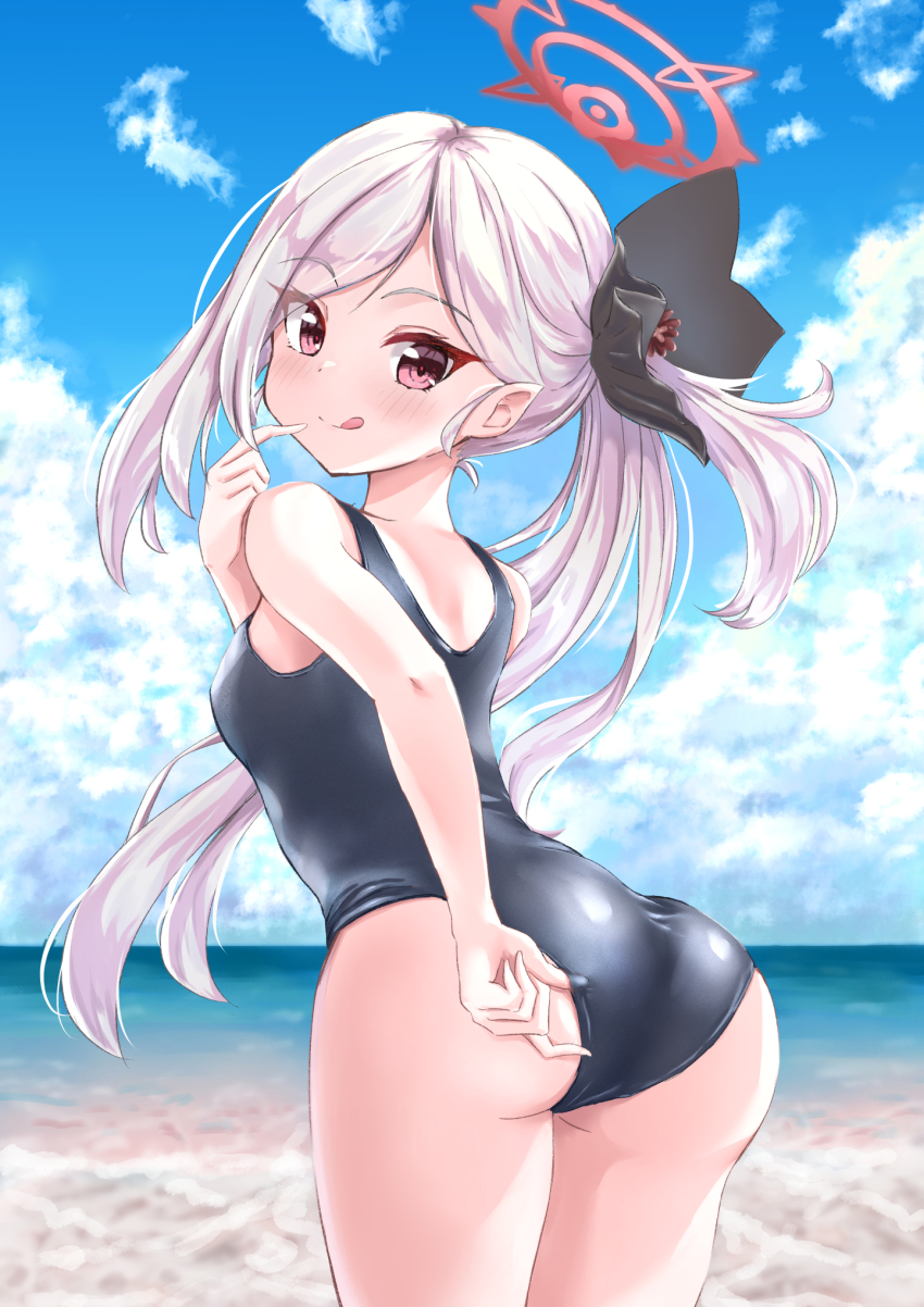 1girl :q adjusting_clothes adjusting_swimsuit alternate_costume ass back beach black_one-piece_swimsuit black_ribbon blue_archive blue_sky blush breasts closed_mouth cloud commentary_request cowboy_shot cumulonimbus_cloud day eyelashes floating_hair from_behind grey_hair hair_behind_ear hair_ribbon halo hand_on_own_ass hand_up happy highres index_finger_raised long_hair looking_at_viewer looking_back matsu520 mutsuki_(blue_archive) ocean one-piece_swimsuit one_side_up outdoors parted_bangs pointy_ears red_eyes red_halo ribbon school_swimsuit seductive_smile side_ponytail sky small_breasts smile solo swimsuit tongue tongue_out tsurime very_long_hair