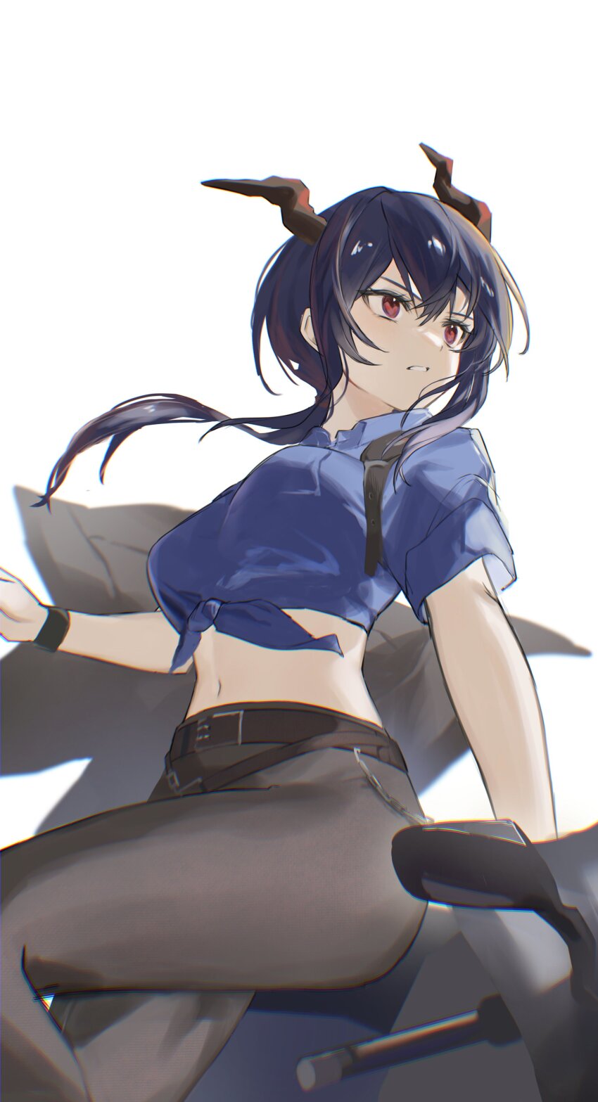 1girl 2naom8q6gt87292 absurdres arknights belt blue_shirt brown_belt brown_horns ch&#039;en_(after_storm)_(arknights) ch&#039;en_(arknights) chain chromatic_aberration crop_top hair_between_eyes highres horns leggings long_hair looking_to_the_side midriff navel official_alternate_costume purple_hair red_eyes shirt short_sleeves simple_background solo tied_shirt turning_head white_background