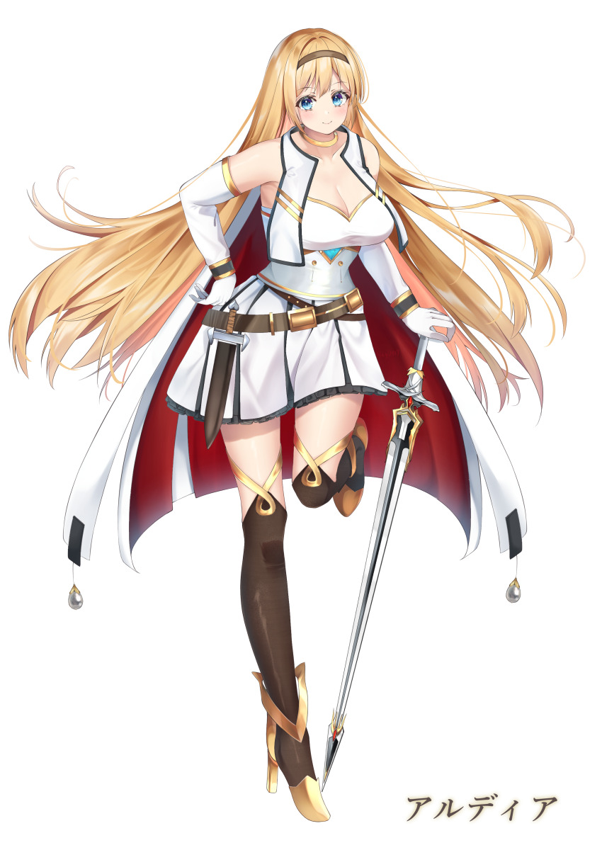 1girl absurdres blonde_hair blue_eyes breasts brown_hairband cape character_request cleavage closed_mouth elbow_gloves gloves gold_collar gold_footwear hairband high_heels highres holding holding_sword holding_weapon knife knife_sheath knight large_breasts long_hair nagi_aoi panilla_the_revival pleated_skirt sheath sheathed shirt skirt smile solo sword thighhighs weapon white_cape white_gloves white_shirt white_skirt