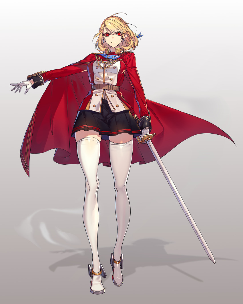 1girl aiguillette azur_lane black_skirt blonde_hair blue_ribbon braid breasts buttons cape chain closed_mouth commentary_request crown_braid earrings female_focus floating_hair full_body gloves gradient_background grey_background hair_ribbon highres hoe-l holding holding_sword holding_weapon jewelry large_breasts long_sleeves looking_at_viewer military military_uniform outstretched_arm pleated_skirt prince_of_wales_(azur_lane) red_cape red_card red_eyes ribbon saber_(weapon) short_hair skirt solo standing swept_bangs sword thighhighs thighs weapon white_gloves white_thighhighs zettai_ryouiki