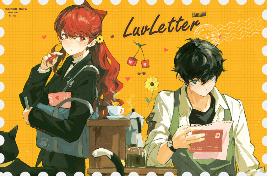 1boy 1girl amamiya_ren black_hair black_shirt blush cat cat_tail closed_mouth coffee coffee_mug coffee_pot cup flower green_eyes gymnastics_ribbon hair_flower hair_ornament heart highres jacket letter light_blush long_hair long_sleeves looking_to_the_side love_letter mug ooc_(sylyaoh) overalls persona persona_5 persona_5_the_royal playing_with_own_hair ponytail red_eyes red_hair school_uniform shirt short_hair shuujin_academy_school_uniform steam tail twirling_hair watch wristwatch yellow_background yoshizawa_kasumi