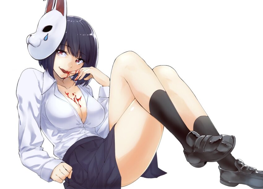 1girl black_footwear black_hair black_skirt black_socks blood blood_on_breasts blood_on_hands breasts cleavage collarbone commentary_request crossed_legs full_body hand_up hashtag-only_commentary large_breasts licking licking_finger loafers long_sleeves mask mask_on_head original rabbit_mask red_eyes school_uniform shinjou_takuya shirt shoes short_hair sideways_glance simple_background sitting skirt socks solo thighs white_background white_shirt