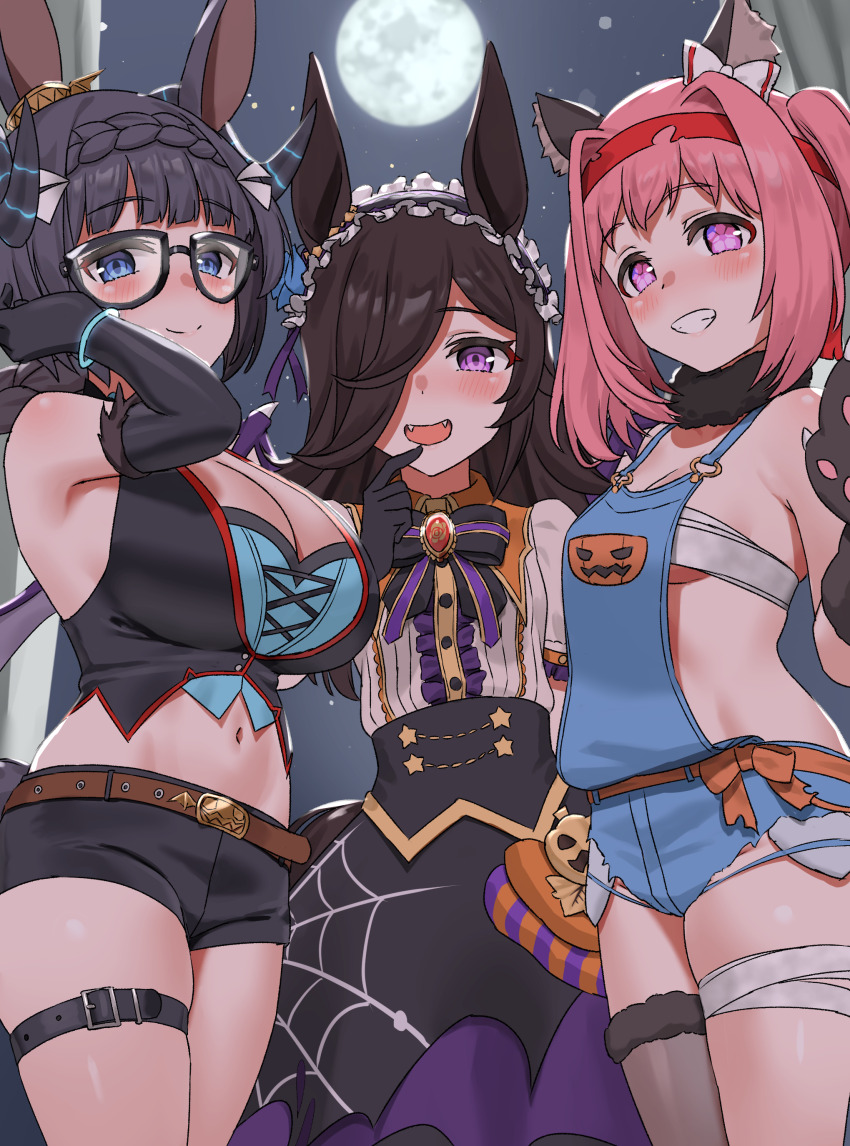 3girls absurdres alternate_costume alternate_hairstyle animal_ears black_hair breasts cleavage closed_mouth collarbone commentary_request cosplay detached_sleeves factory314 full_moon glasses grin hair_ornament hair_rings haru_urara_(umamusume) highres horse_girl large_breasts looking_at_viewer mejiro_palmer_(devil_in_the_moonlight)_(umamusume) mejiro_palmer_(umamusume) mejiro_palmer_(umamusume)_(cosplay) midriff moon multiple_girls navel night official_alternate_costume ponytail rice_shower_(make_up_vampire!)_(umamusume) rice_shower_(umamusume) shorts small_breasts smile standing umamusume zenno_rob_roy_(umamusume)