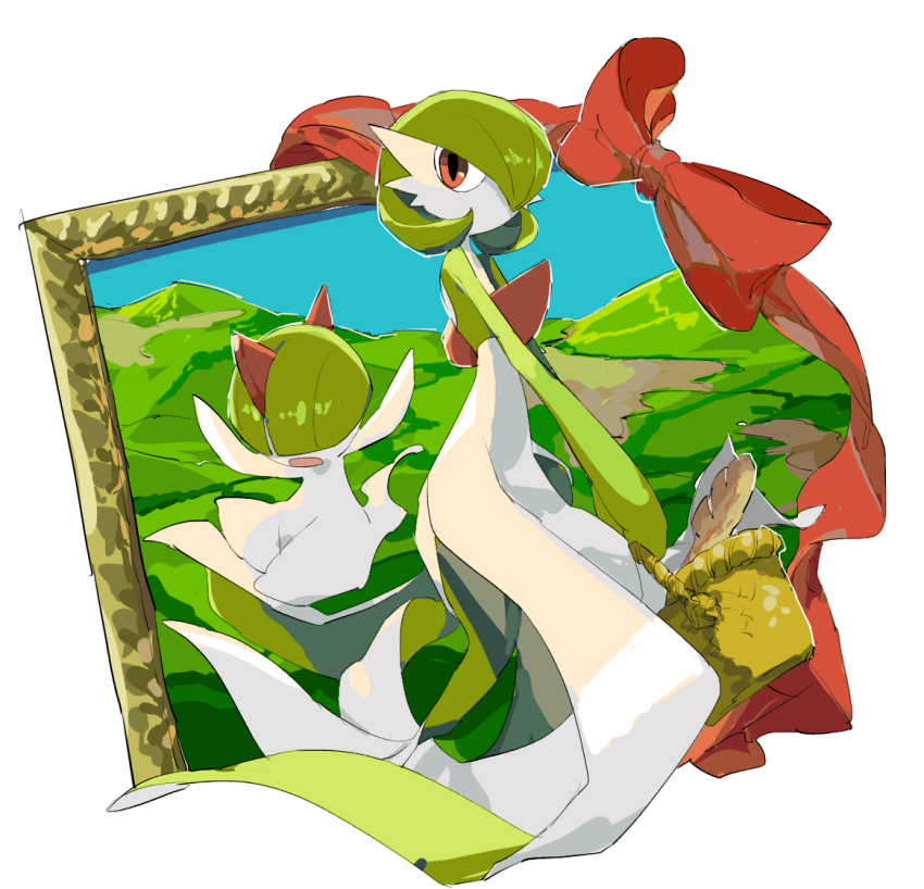 apios bad_id bad_pixiv_id basket bob_cut bow bowl_cut bread colored_skin creatures_(company) dress food game_freak gardevoir gen_3_pokemon green_hair green_skin hair_over_eyes hair_over_one_eye holding holding_basket horns landscape multicolored_skin nintendo open_mouth pink_eyes pokemon pokemon_(creature) portrait_(object) ralts red_bow two-tone_skin white_dress white_skin