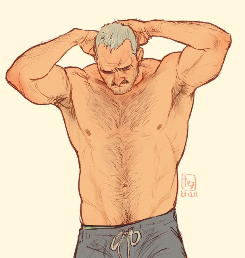 1boy aaron_gruber_(o_natsuo88) arm_hair armpit_hair armpits arms_behind_back beard_stubble chest_hair cowboy_shot facial_hair facial_scar grey_hair grey_pants hand_hair highres male_focus male_underwear male_underwear_peek mature_male mustache navel navel_hair nipples o_natsuo88 old old_man original pants receding_hairline scar scar_on_cheek scar_on_face shirt short_hair simple_background solo strongman_waist stubble sweatpants thick_eyebrows thick_mustache topless_male underwear wrinkled_skin yellow_background