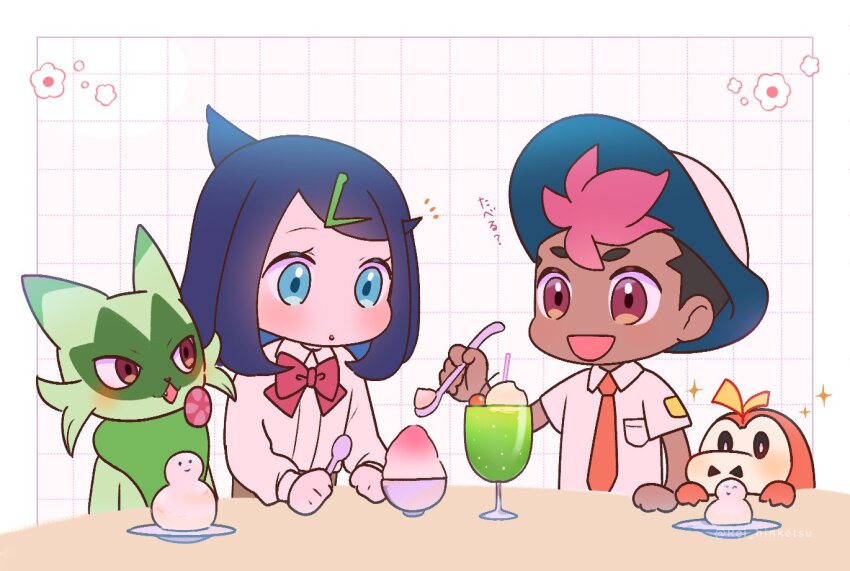 1boy 1girl :d aqua_eyes black_hair bow bowl bowtie breast_pocket chibi collared_shirt colored_inner_hair commentary_request cowlick creatures_(company) dark-skinned_male dark_skin floragato flower_(symbol) food fuecoco game_freak grid_background hair_ornament hairclip hat holding holding_spoon liko_(pokemon) long_sleeves multicolored_hair necktie nintendo notice_lines open_mouth orange_necktie pocket pokemon pokemon_(anime) pokemon_(creature) pokemon_horizons red_bow red_bowtie rei_hinketsu roy_(pokemon) shaved_ice shirt smile sparkle spoon table
