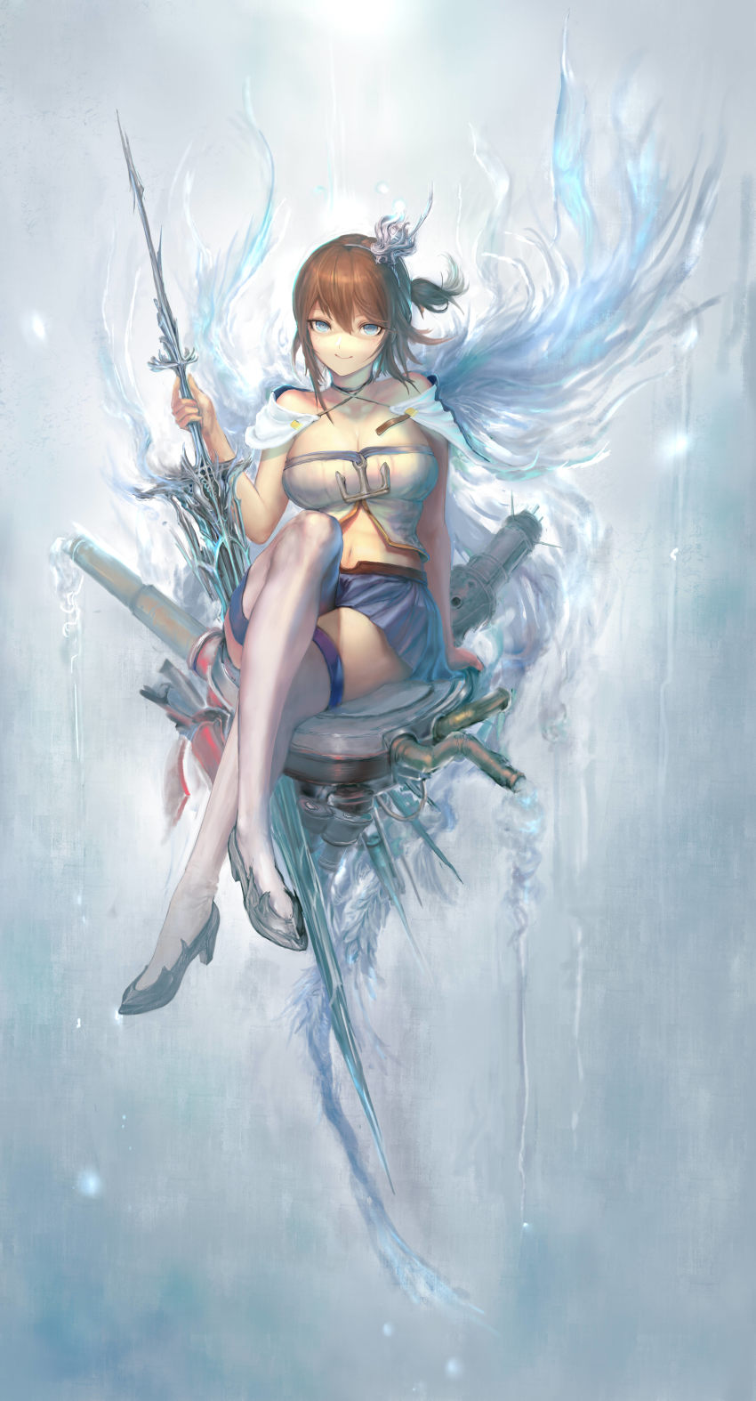 1girl absurdres anchor_symbol azur_lane bare_shoulders blue_eyes blue_skirt breasts brown_hair cape cleavage crossed_legs full_body grey_footwear hair_between_eyes highres holding holding_sword holding_weapon jinchigou large_breasts looking_at_viewer miniskirt repulse_(azur_lane) ship_turret shirt shoes short_hair sitting skirt sword thighhighs torn_clothes weapon white_cape white_shirt white_thighhighs zettai_ryouiki