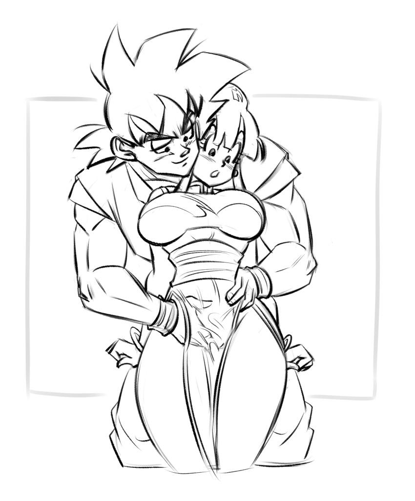 1boy 1girl blush breasts chi-chi_(dragon_ball) couple dragon_ball from_behind funsexydragonball highres husband_and_wife muscular muscular_male sketch son_goku surprised tagme