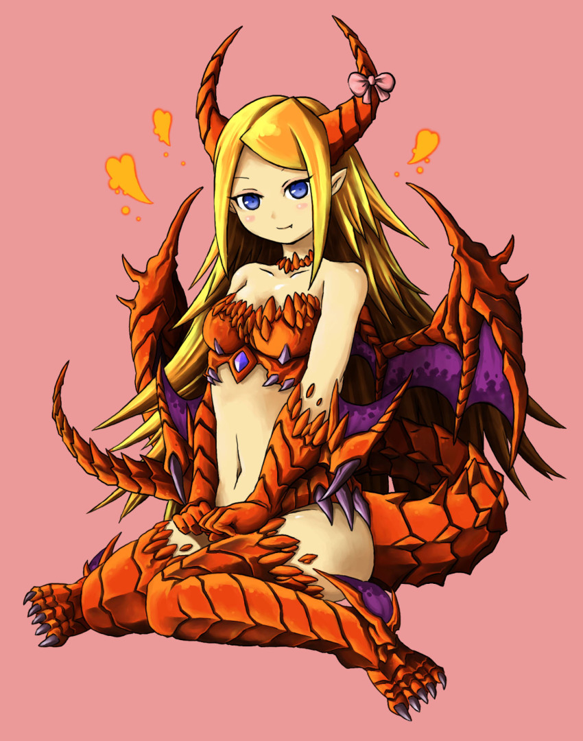 1girl animal_feet animal_hands blonde_hair blue_eyes bolt0002 collarbone dragon_girl dragon_horns dragon_tail dragon_wings full_body highres horns long_hair monster_girl navel original pink_background pointy_ears simple_background solo tail wings