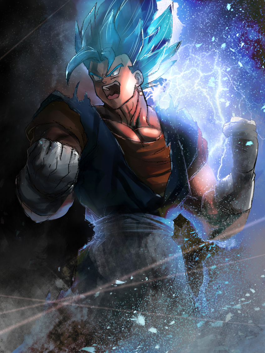 1boy absurdres blue_hair clenched_hands commentary_request dragon_ball dragon_ball_super earrings energy gloves greymon_(nodoame1215) hands_up highres huge_filesize jewelry looking_to_the_side male_focus muscular open_mouth orange_shirt sash shirt short_sleeves solo spiked_hair super_saiyan super_saiyan_blue teeth tongue vegetto white_gloves