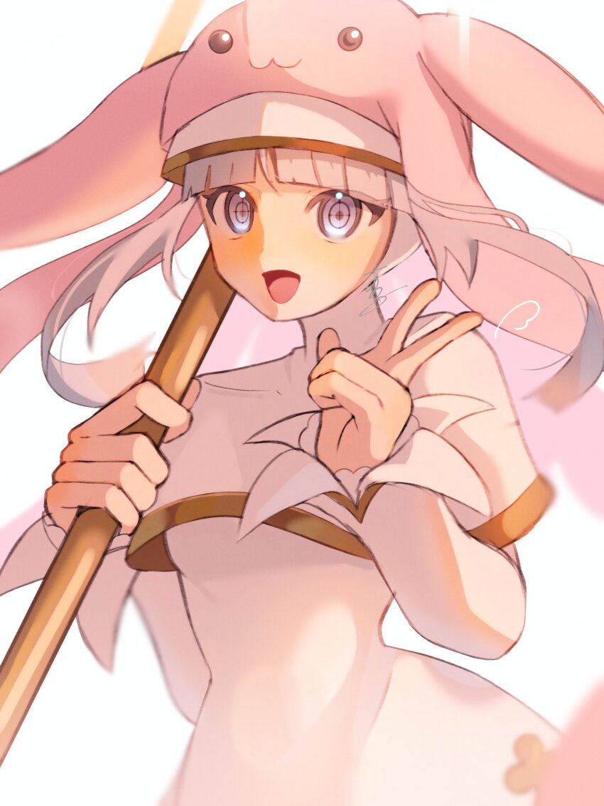 1girl absurdres crosshair_pupils digimon digimon_(creature) dress habit hat highres holding holding_polearm holding_weapon nun pink_hat polearm sasaki_(ssk8083) simple_background sistermon_blanc solo upper_body v weapon white_background white_dress