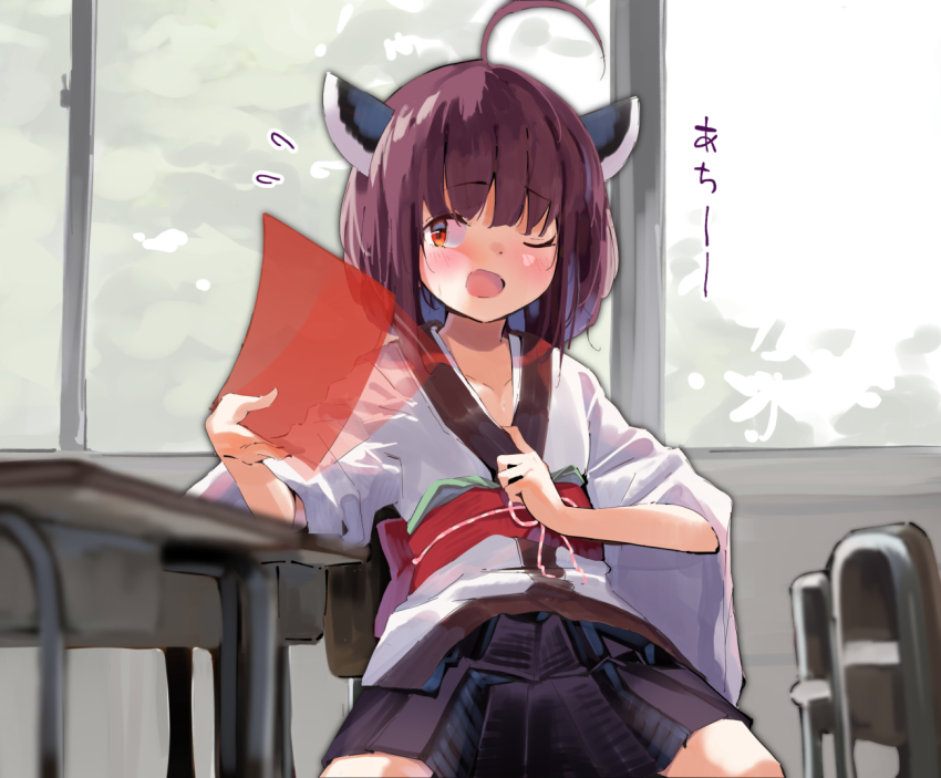 1girl ahoge black_skirt brown_hair chair classroom collarbone commentary_request desk fanning_self flying_sweatdrops headgear indoors japanese_clothes kimono lamb_(hitsujiniku) long_sleeves obi one_eye_closed open_mouth pleated_skirt red_eyes sash school_chair school_desk shitajiki skirt solo summer sweat touhoku_kiritan voiceroid white_kimono wide_sleeves window