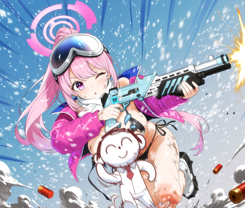 1boy 1girl ;o bikini black_bikini blue_archive blush breasts cameltoe commentary_request curvy day doodle_sensei_(blue_archive) eimi_(blue_archive) eimi_(swimsuit)_(blue_archive) eyelashes fighting_stance firing floating_hair goggles goggles_on_head gun hair_between_eyes halo highres holding holding_gun holding_weapon jacket large_breasts leaning_forward long_hair long_sleeves motion_lines mutsuse official_alternate_costume official_alternate_hairstyle one_eye_closed open_clothes open_jacket outdoors paid_reward_available pink_hair pink_halo pink_jacket ponytail purple_eyes running scarf sensei_(blue_archive) shell_casing shoes side-tie_bikini_bottom skindentation snowing solo_focus swimsuit tareme thigh_gap thighs v-shaped_eyebrows very_long_hair weapon white_footwear white_scarf winter