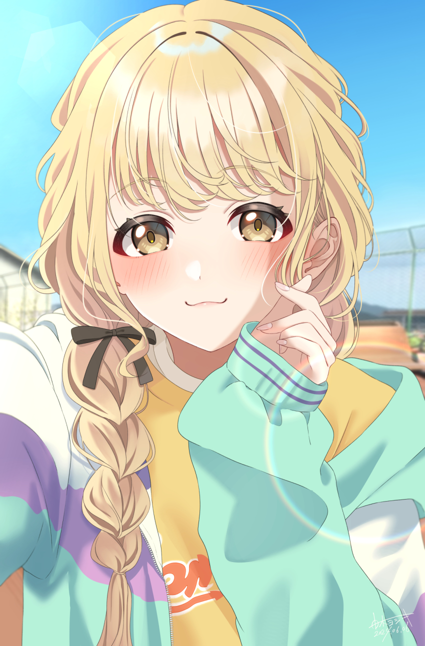 1girl :3 blonde_hair blush braid commentary_request finger_heart fujita_kotone gakuen_idolmaster hair_ribbon highres idolmaster jacket long_hair looking_at_viewer multicolored_clothes multicolored_jacket outdoors ribbon selfie shirt smile solo twin_braids upper_body yellow_eyes yellow_shirt yoshiki_3821