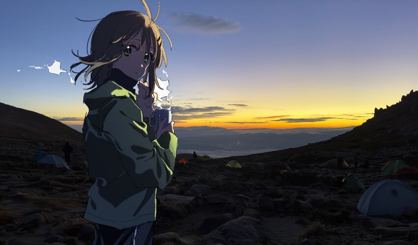 1girl cowboy_shot cup green_jacket hair_ornament hairclip highres holding holding_cup jacket light_brown_hair long_sleeves looking_at_viewer outdoors photo_background seu_kaname short_hair standing steam sunset tent wind wind_lift yama_no_susume yukimura_aoi