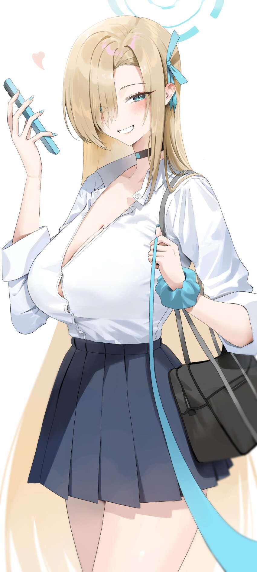 1girl absurdres asuna_(blue_archive) asuna_(school_uniform)_(blue_archive) black_choker blue_archive blue_halo blue_nails blue_scrunchie breasts button_gap choker hair_over_one_eye halo highres mole mole_on_breast nail_polish nonoa scrunchie solo wrist_scrunchie