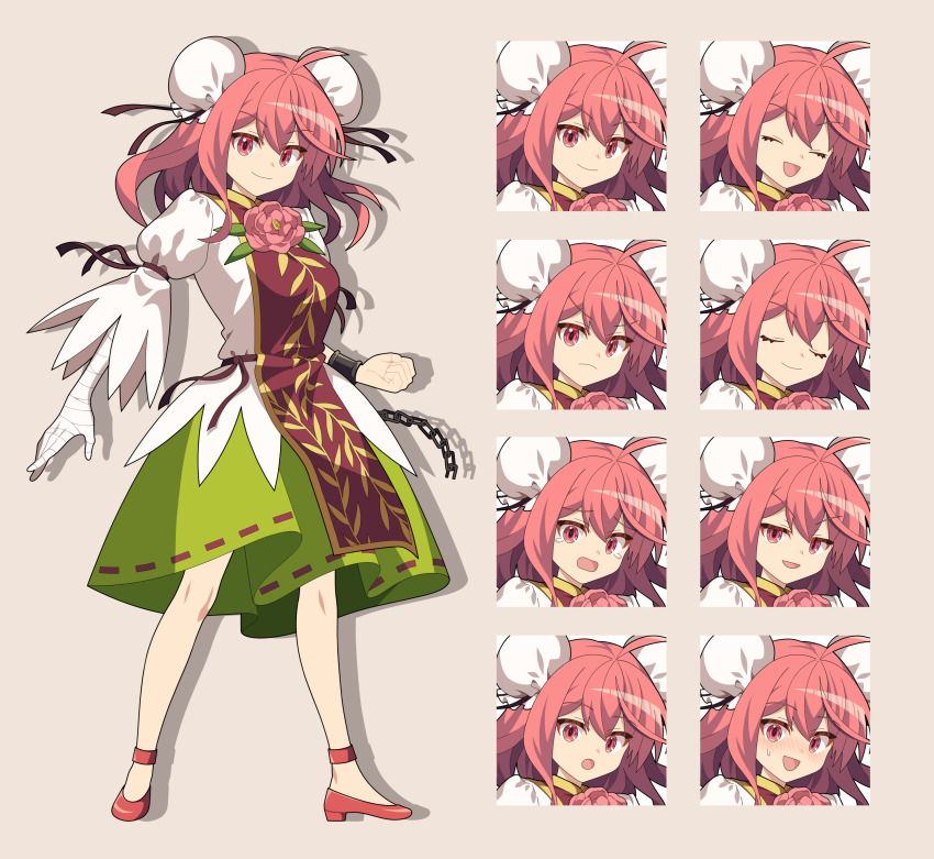 1girl 4rion absurdres ahoge bandaged_arm bandages breasts bun_cover chinese_clothes closed_eyes closed_mouth commentary_request cuffs double_bun false_arm false_limb flats flower full_body green_skirt hair_bun highres ibaraki_kasen medium_breasts medium_hair medium_skirt multiple_expressions open_mouth pink_eyes pink_flower pink_footwear pink_hair pink_rose puffy_short_sleeves puffy_sleeves red_tabard ribbon-trimmed_skirt ribbon_trim rose shackles shirt short_sleeves skirt smile solo standing tabard tachi-e touhou v-shaped_eyebrows white_shirt