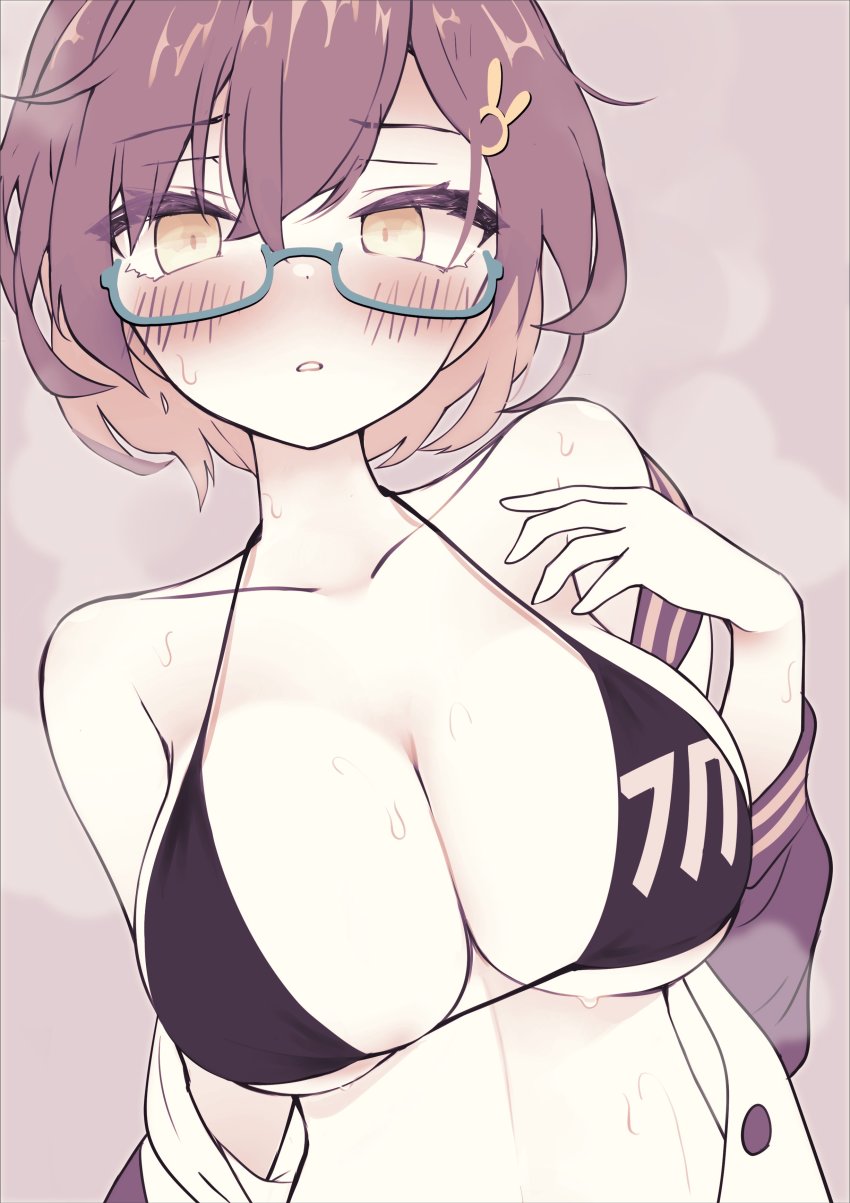 1girl absurdres bikini black_bikini black_hair blue_archive blush breasts chihiro_(blue_archive) cleavage collarbone damao_(kiwa777) glasses hair_between_eyes hair_ornament highres jacket large_breasts looking_at_viewer parted_lips rabbit_hair_ornament short_hair simple_background solo swimsuit upper_body yellow_eyes