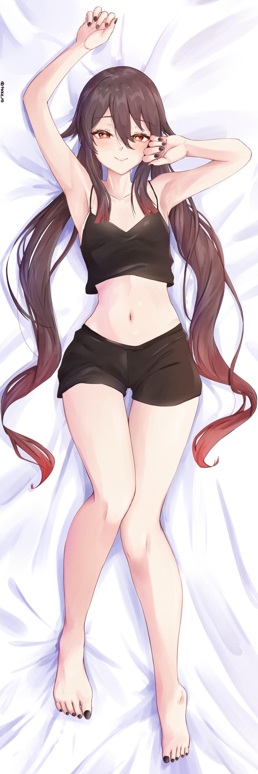 1girl absurdres alternate_costume arm_up armpits black_nails black_shorts black_tank_top blush breasts brown_hair closed_mouth commentary dakimakura_(medium) english_commentary full_body genshin_impact hand_up highres hu_tao_(genshin_impact) long_hair looking_at_viewer low_twintails lying multicolored_hair navel on_back red_eyes red_hair short_shorts shorts sidelocks small_breasts smile solo spaghetti_strap star-shaped_pupils star_(symbol) stomach streaked_hair symbol-shaped_pupils takoroki tank_top twintails twitter_username very_long_hair