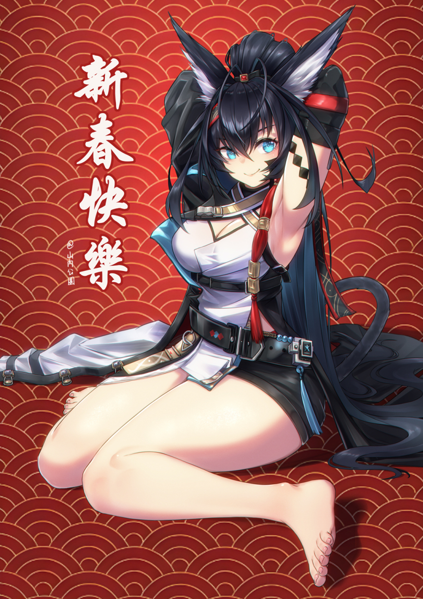 1girl animal_ears arknights armpits arms_behind_head arms_up barefoot belt belt_buckle black_belt black_gloves black_hair black_shirt black_shorts blaze_(arknights) blaze_the_igniting_spark_(arknights) blue_eyes breasts buckle cat_ears cat_girl cat_tail chest_belt closed_mouth commentary_request elbow_gloves full_body gloves hair_between_eyes highres long_hair looking_at_viewer ponytail shirt short_shorts shorts single_elbow_glove sitting smile soles solo tail thighs toes two-tone_shirt very_long_hair wariza white_shirt yamauchi_(conan-comy)