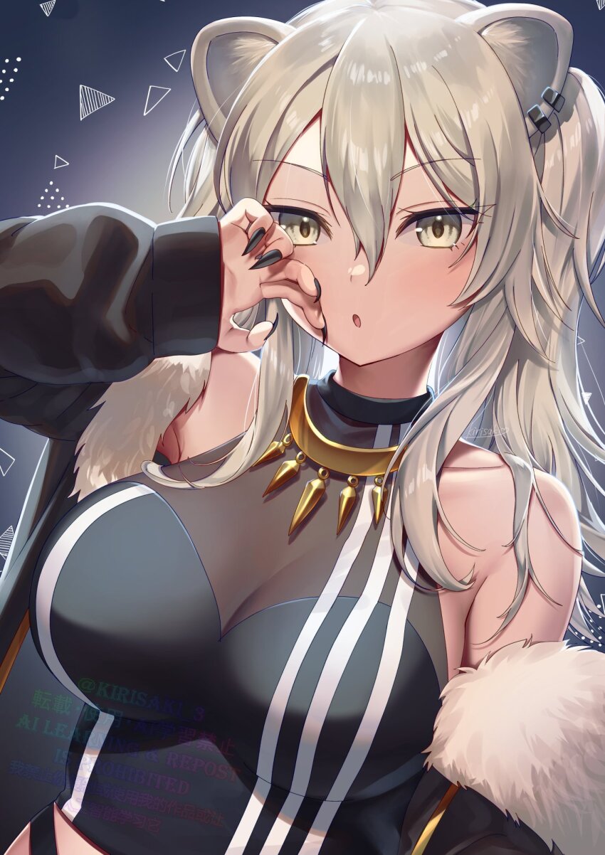 1girl animal_ear_piercing animal_ears bare_shoulders black_jacket black_nails black_shirt blush_stickers breasts claw_pose cleavage commentary_request crop_top double-parted_bangs fingernails fur-trimmed_jacket fur_trim grey_eyes grey_hair hair_between_eyes highres hololive jacket jewelry kirisaki_shuusei large_breasts light_blush lion_ears lion_tail long_fingernails long_hair looking_at_viewer messy_hair nail_polish necklace open_mouth see-through_clothes see-through_cleavage sharp_fingernails shirt shishiro_botan shishiro_botan_(1st_costume) sidelocks skin_tight sleeveless sleeveless_shirt solo surprised tail twintails upper_body virtual_youtuber