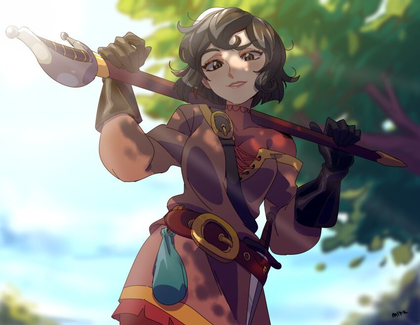 1girl absurdres belt black_hair blurry blurry_background breasts cassandra_(tangled) cowboy_shot dagger gloves green_eyes hair_between_eyes highres knife looking_at_viewer medium_breasts mikkusushi off-shoulder_shirt off_shoulder outdoors parted_lips pov raised_eyebrow rapier red_shirt shirt shirt_under_shirt short_hair shoulder_belt signature sky smile solo sword tangled tangled:_the_series teeth tree turtleneck weapon