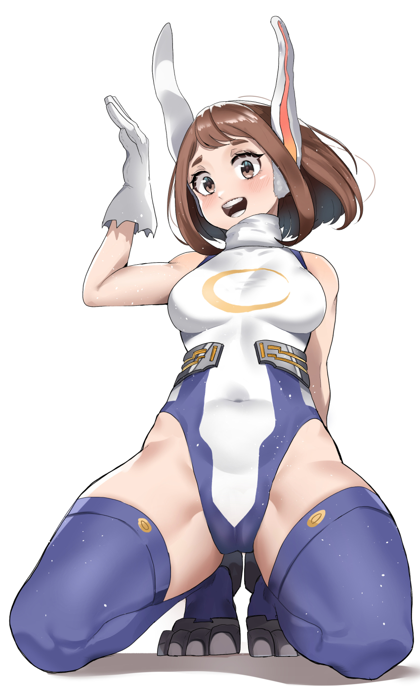 1girl absurdres animal_ears blush boku_no_hero_academia breasts cameltoe cosplay gloves highleg highleg_leotard highres leotard looking_at_viewer medium_breasts mirko mirko_(cosplay) rabbit_ears short_hair simple_background sleeveless solo thighhighs thighs uraraka_ochako white_background white_gloves white_leotard zd_(pixiv6210083)