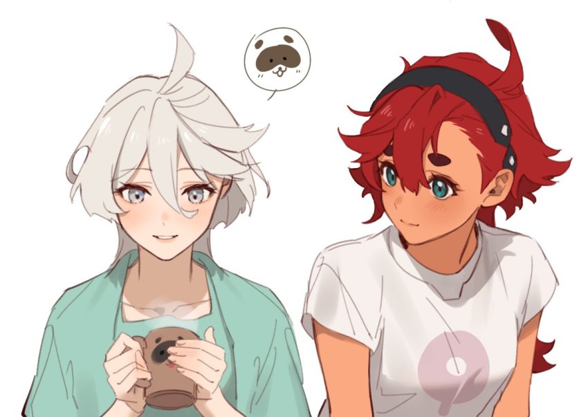 2girls ahoge aqua_shirt black_hair blue_eyes breasts casual cup grey_eyes grey_hair gundam gundam_suisei_no_majo hair_between_eyes holding holding_cup looking_at_another medium_breasts miorine_rembran multiple_girls nokhong_y pale_skin parted_lips print_shirt red_hair shirt short_hair_with_long_locks smile suletta_mercury t-shirt thick_eyebrows upper_body white_background white_shirt