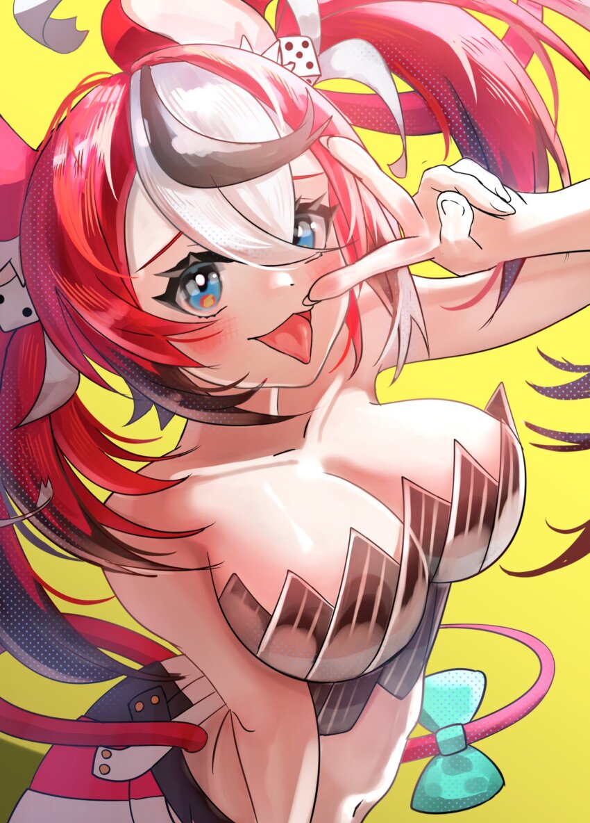 1girl animal_ear_fluff bare_shoulders black_hair black_tube_top blue_eyes blush breasts cleavage collarbone dice_hair_ornament hair_ornament hakos_baelz harutyansann highres hololive large_breasts long_hair mouse_girl mouse_tail multicolored_hair open_mouth red_hair simple_background solo strapless streaked_hair tail tongue tongue_out tube_top twintails upper_body v virtual_youtuber white_hair yellow_background