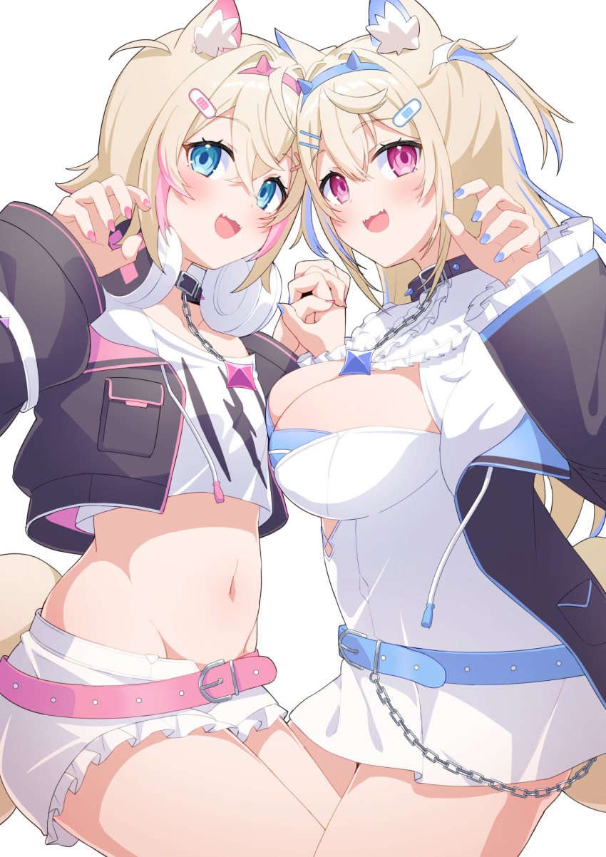 2girls animal_ear_fluff bandaid bandaid_hair_ornament belt belt_collar black_collar black_jacket blonde_hair blue_belt blue_eyes blue_hair blue_nails blush breasts cleavage collar commentary cropped_jacket cropped_shirt dress fangs fragir frilled_shorts frills fur-trimmed_jacket fur_trim fuwawa_abyssgard fuwawa_abyssgard_(1st_costume) hair_ornament hairpin headphones headphones_around_neck highres hololive hololive_english interlocked_fingers jacket large_breasts long_hair looking_at_viewer mococo_abyssgard mococo_abyssgard_(1st_costume) multicolored_hair multiple_girls navel open_mouth pink_belt pink_eyes pink_hair pink_nails shirt short_hair short_shorts shorts siblings sisters skin_fangs small_breasts smile spiked_collar spikes streaked_hair twins two_side_up very_long_hair virtual_youtuber white_dress white_shirt white_shorts x_hair_ornament