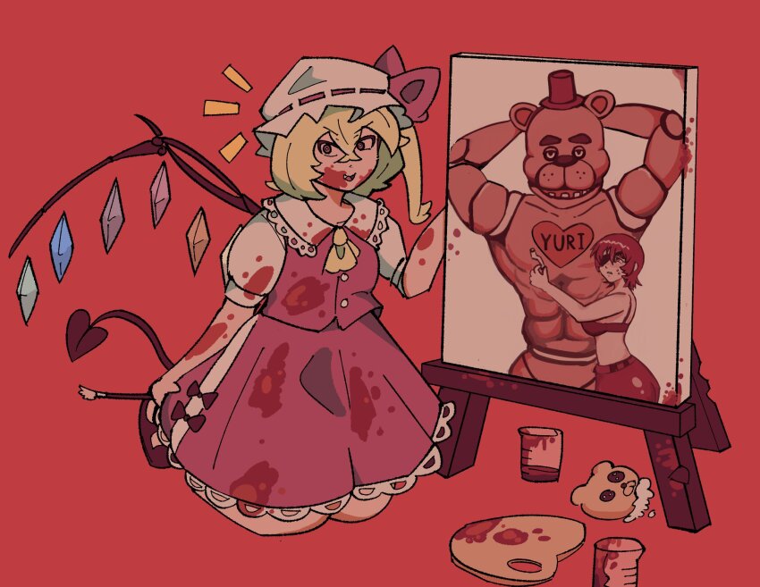 2girls ascot blonde_hair blood blood_on_arm blood_on_clothes blood_on_face breasts chainsaw_man character_request collared_shirt fang five_nights_at_freddy&#039;s flandre_scarlet freddy_fazbear grimlisp hair_between_eyes hat hat_ribbon highres himeno_(chainsaw_man) kneeling laevatein_(touhou) looking_at_viewer medium_hair mob_cap multicolored_wings multiple_girls one_side_up open_mouth puffy_short_sleeves puffy_sleeves red_background red_eyes red_ribbon red_skirt red_vest ribbon ribbon-trimmed_headwear ribbon_trim shirt short_sleeves simple_background skirt small_breasts stuffed_animal stuffed_toy teddy_bear teeth touhou vest white_hat white_shirt wings yellow_ascot