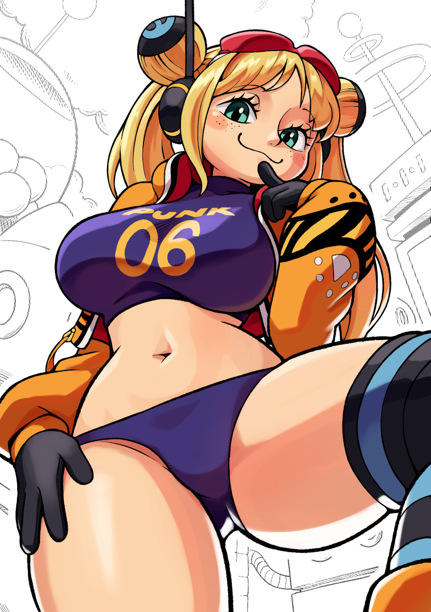 1girl absurdres black_gloves blonde_hair blush breasts clothes_writing crop_top double_bun freckles from_below gato_del_futuro gloves gluteal_fold goggles goggles_on_head green_eyes hair_bun headphones highres jacket large_breasts long_hair looking_at_viewer naughty_face navel one_piece open_clothes open_jacket orange_jacket solo thighs vegapunk_york white_background