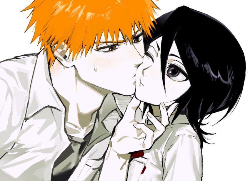 1boy 1girl black_eyes black_hair bleach blush couple hair_between_eyes hetero highres kiss kissing_cheek kuchiki_rukia kurosaki_ichigo looking_at_another one_eye_closed orange_hair shirt short_hair sweatdrop upper_body white_shirt yongsa_(y0ngs4)