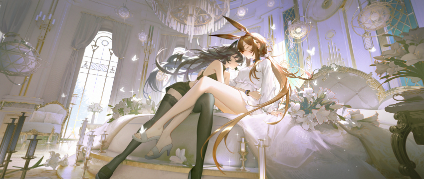 2girls absurdres alternate_costume amiya_(arknights) animal_ear_piercing animal_ears arknights bare_shoulders bed black_hair black_shirt black_skirt black_thighhighs blue_collar bracelet brown_hair bug butterfly chair chandelier character_request closed_eyes closed_mouth collar commentary_request curtains cushion dacheng_ad extra_ears flower hand_on_another&#039;s_back high_heels highres indoors insect jewelry leaning_on_person long_hair long_sleeves multiple_girls parted_lips puffy_sleeves rabbit_ears rabbit_girl shirt skirt sparkle table thighhighs vase very_long_hair wall_lamp white_butterfly white_flower white_footwear white_shirt wide_shot window yuri