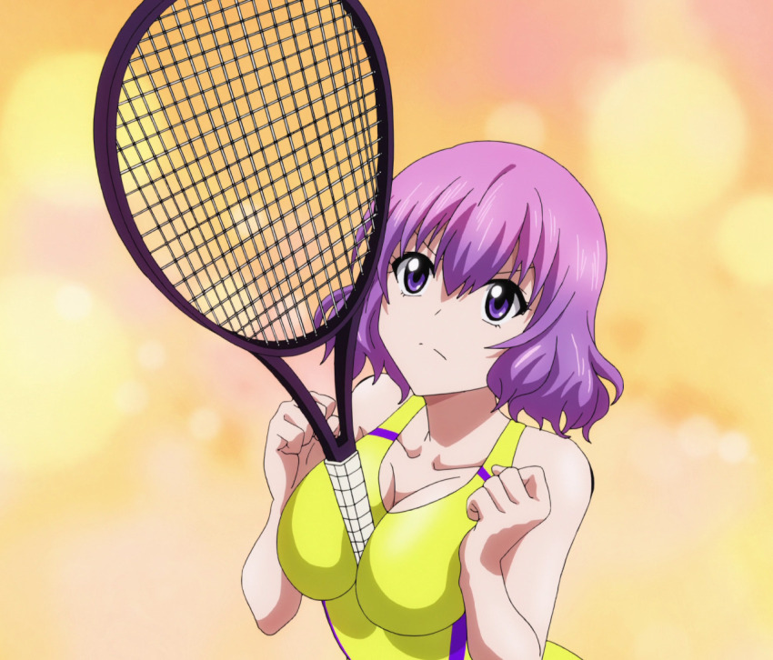 1girl anime_screenshot between_breasts breasts female_focus kawai_hanabi keijo!!!!!!!! large_breasts purple_eyes purple_hair racket stitched swimsuit tennis_racket third-party_edit