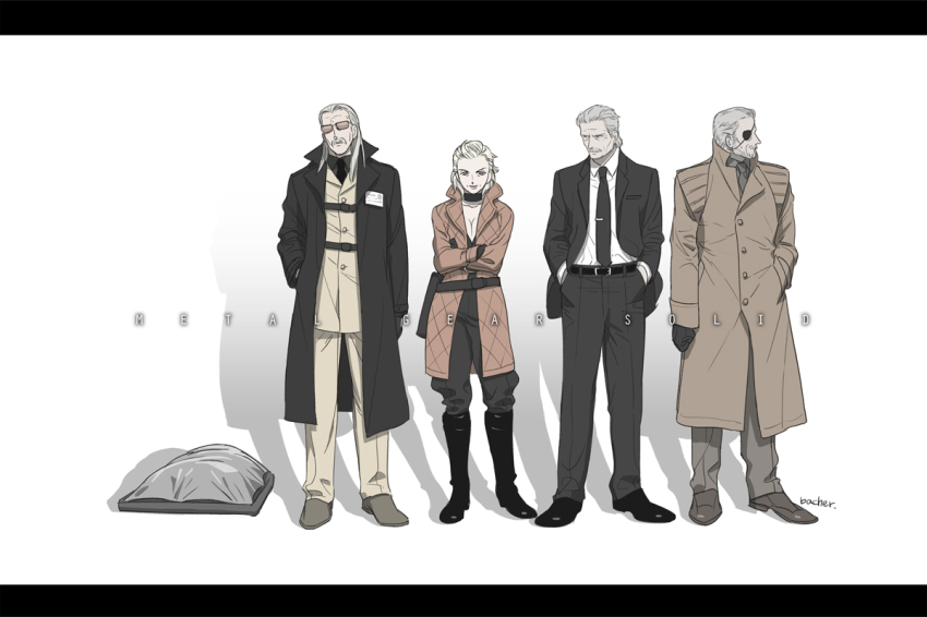 1girl 3boys bacher beard big_boss blonde_hair body_bag boots breasts choker cleavage coat crossed_arms eva_(metal_gear) eyepatch facial_hair formal ghost_in_the_shell ghost_in_the_shell_lineup ghost_in_the_shell_stand_alone_complex grey_hair hand_in_pocket hands_in_pockets letterboxed liquid_ocelot long_coat mature_female medium_breasts metal_gear_(series) metal_gear_solid_4:_guns_of_the_patriots multiple_boys mustache necktie old old_man old_snake parody revolver_ocelot solid_snake solidus_snake spoilers suit sunglasses trench_coat