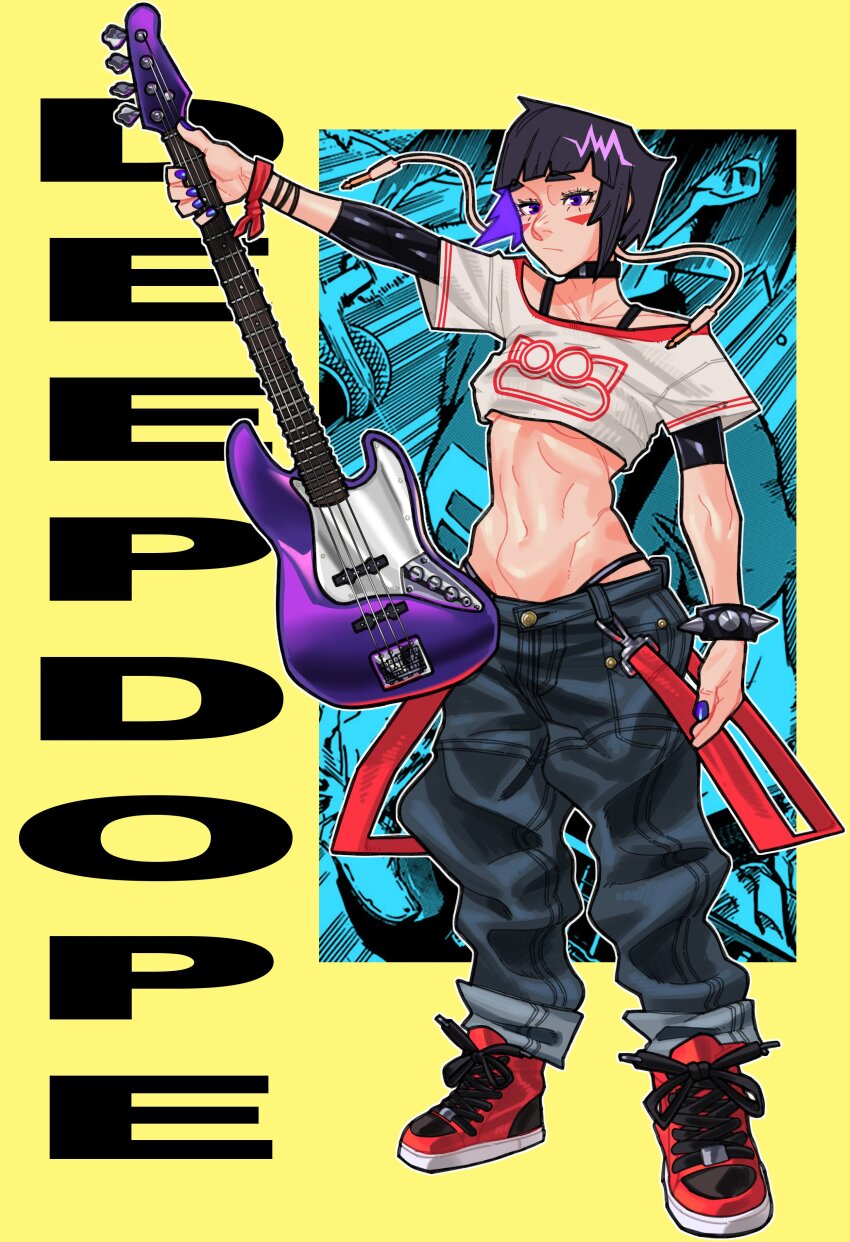 1girl absurdres alternate_costume audio_jack baggy_clothes baggy_pants boku_no_hero_academia breasts choker guitar highres holding_guitar holding_instrument instrument jirou_kyouka long_earlobes loopvoid midriff nail_polish navel off_shoulder pants purple_nails small_breasts tagme toned