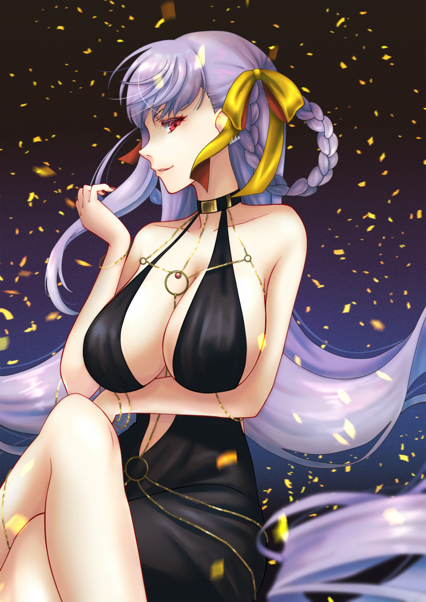 1girl bare_shoulders bb_(fate) bb_dubai_(fate) belly_chain black_dress bracelet braid braided_hair_rings breasts center_opening chi_wa cleavage crossed_legs dress fate/grand_order fate_(series) hair_ribbon hair_rings highres jewelry large_breasts long_hair looking_at_viewer necklace purple_hair red_eyes ribbon side_slit sitting smile solo thighs twin_braids very_long_hair yellow_ribbon