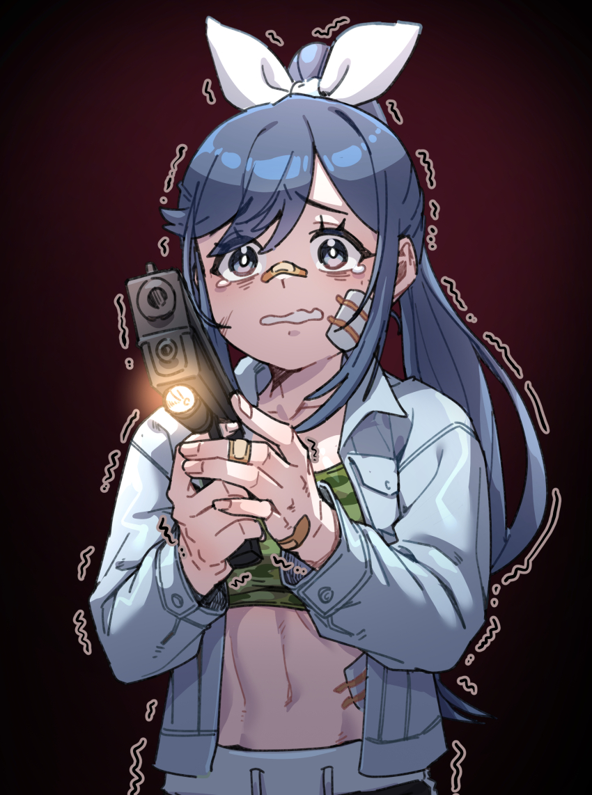 1girl absurdres bandaid bandaid_on_face bandaid_on_hand bandaid_on_nose blue_eyes blue_hair blue_jacket breasts camouflage camouflage_jacket collarbone commission cowboy_shot finger_on_trigger gauze gauze_on_cheek gauze_on_stomach gun hair_ribbon handgun highres holding holding_gun holding_weapon jacket long_hair long_sleeves navel open_clothes open_jacket original parted_bangs ponytail ribbon sake_goroke sidelocks solo stomach trembling wavy_mouth weapon white_ribbon