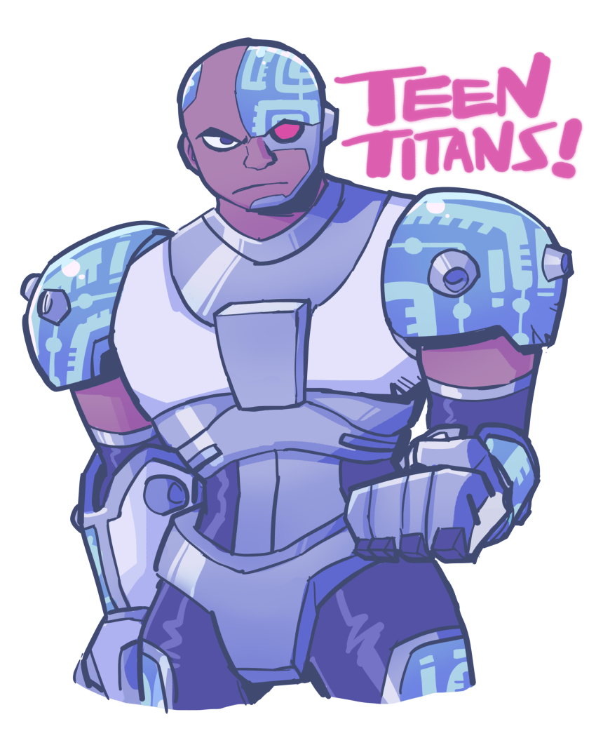 1boy absurdres bad_id bad_pixiv_id bald blue_eyes clenched_hand cropped_legs cyborg cyborg_(dc) dark_skin dark-skinned_male dc_comics heterochromia highres male_focus red_eyes sanjiro_(tenshin_anman) solo teen_titans upper_body victor_stone