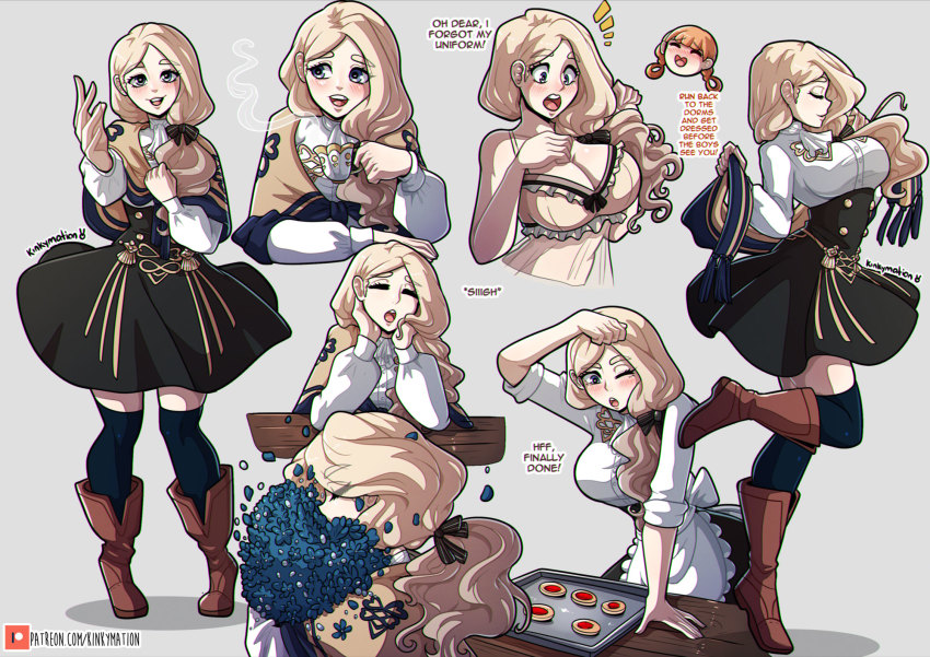 2girls annette_fantine_dominic artist_name blonde_hair blue_eyes blue_legwear blush boots bow breasts character_sheet cleavage closed_eyes closed_mouth cookie english_text fire_emblem fire_emblem:_three_houses flower food from_side garreg_mach_monastery_uniform grey_background hair_bow highres kinkymation large_breasts long_hair long_sleeves low_ponytail mercedes_von_martritz multiple_girls multiple_views nintendo one_eye_closed open_mouth orange_hair simple_background table thighhighs tray watermark web_address