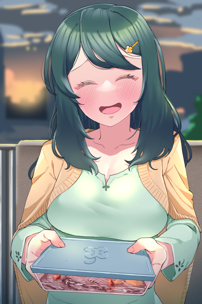 1girl :d blurry blurry_background breasts character_request cleavage closed_eyes facing_viewer food green_hair hair_ornament hairclip highres large_breasts long_hair open_mouth outdoors railing smile solo sunao_na_kapipara tupperware virtual_youtuber