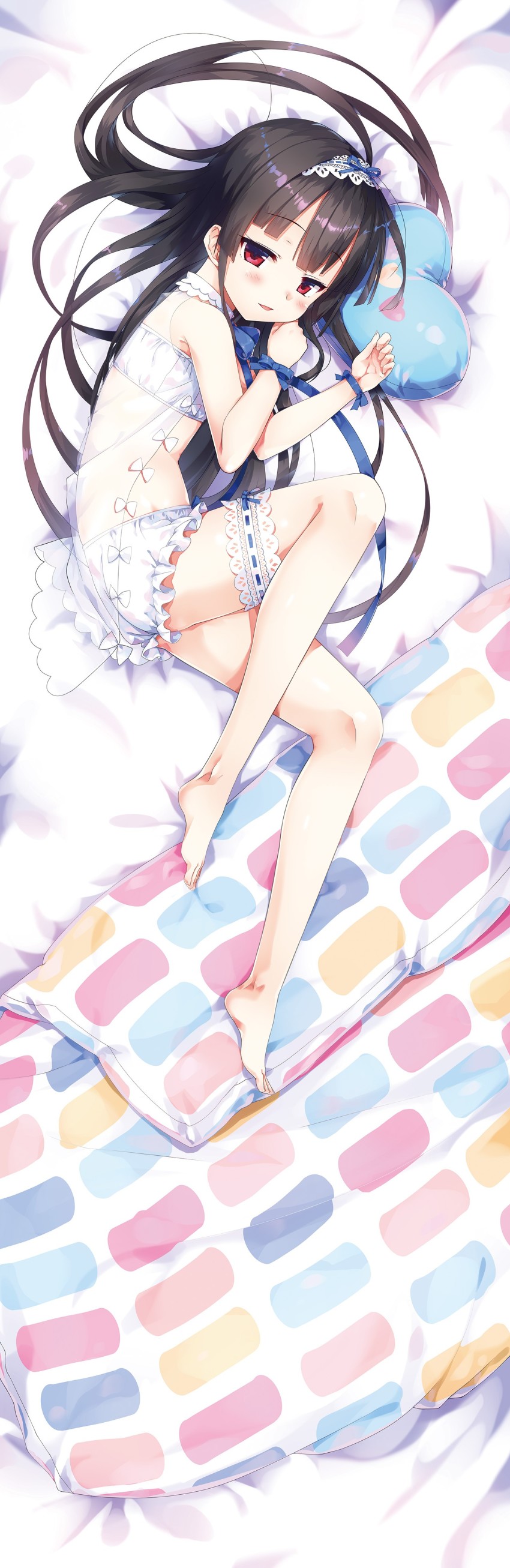 1girl absurdres bare_shoulders barefoot bed_sheet black_hair bloomers blue_bow blue_ribbon blush bow bra bridal_garter cura dakimakura_(medium) frills hachiroku_(maitetsu) hairband heart heart-shaped_pillow highres long_hair looking_at_viewer lying maitetsu navel on_side panties pillow red_eyes ribbon see-through_clothes sleeveless solo strapless strapless_bra underwear very_long_hair white_bloomers white_bra