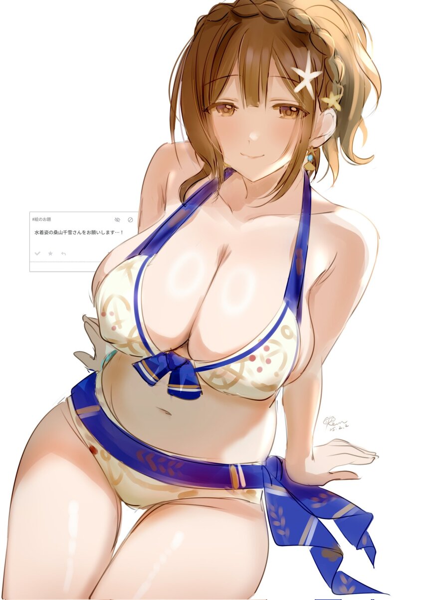 1girl alternate_costume arm_support bare_shoulders bikini braid breasts brown_eyes brown_hair cleavage closed_mouth commentary_request earrings front-tie_bikini_top front-tie_top hair_ornament hair_up halterneck highres idolmaster idolmaster_shiny_colors jewelry kevn kuwayama_chiyuki large_breasts long_hair looking_at_viewer multicolored_bikini multicolored_clothes navel sitting smile solo star_(symbol) star_hair_ornament swimsuit translation_request white_background