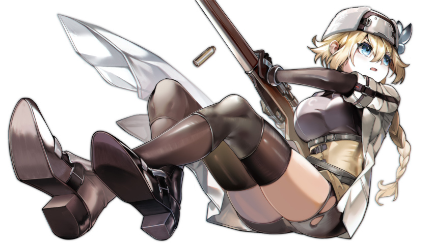 1girl black_footwear black_thighhighs blue_eyes bluebeel2 bolt_action boots braid breasts coat commentary english_commentary full_body fur_hat girls&#039;_frontline girls&#039;_frontline_2:_exilium gun hat highres holding holding_gun holding_weapon long_hair mosin-nagant mosin-nagant_(girls&#039;_frontline) open_mouth rifle simple_background sitting solo thighhighs ushanka weapon white_background white_coat