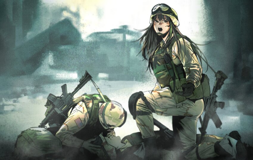 1girl 2boys alternate_costume american_flag assault_rifle black_gloves black_hawk_down brown_eyes brown_hair bulletproof_vest camouflage camouflage_helmet camouflage_jacket camouflage_pants camouflage_vest colt_commando combat_helmet commentary commission english_commentary foreshortening full_body girls&#039;_frontline gloves goggles goggles_on_headwear green_hair gun gun_sling helmet highres jacket knee_pads m4a1_(girls&#039;_frontline) maxturbo69 military military_combat_uniform military_uniform multicolored_hair multiple_boys open_mouth pants parody pouch rifle streaked_hair teeth two-tone_hair upper_teeth_only weapon