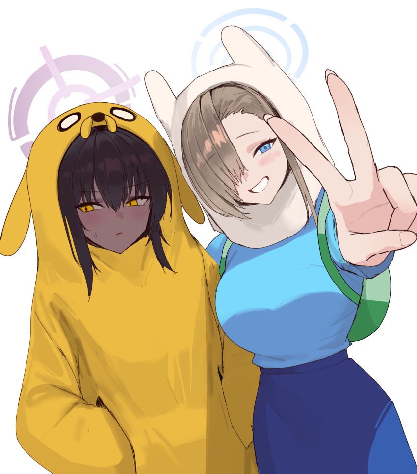 2girls absurdres adventure_time animal_hood asuna_(blue_archive) averting_eyes backpack bag black_hair blue_archive blue_eyes blue_shirt blue_skirt blush breasts brown_hair closed_mouth commentary cosplay crownmome dark-skinned_female dark_skin dog_hood english_commentary finn_the_human finn_the_human_(cosplay) grin hair_over_one_eye halo hands_in_pockets highres hood hood_up jake_the_dog jake_the_dog_(cosplay) karin_(blue_archive) long_hair long_sleeves looking_at_viewer multiple_girls onesie outstretched_arm revision rinhee shirt simple_background skirt smile v white_background yellow_eyes