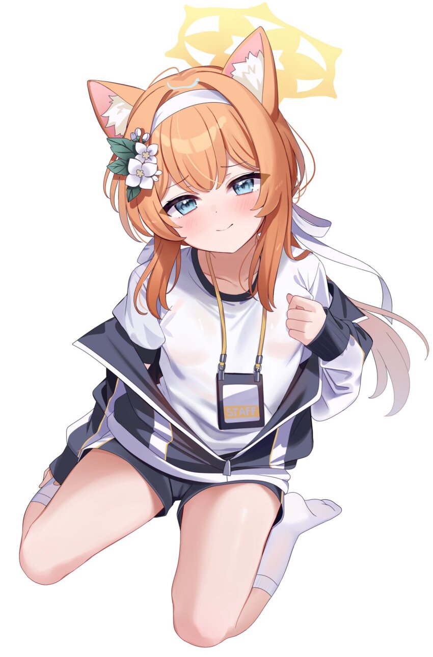 1girl animal_ear_fluff animal_ears blue_archive blue_eyes blush cat_ears cat_girl chocola_vt clenched_hand closed_mouth commentary flower from_above full_body gym_shirt gym_uniform hair_flower hair_intakes hair_ornament hair_ribbon hairband halo hand_up highres id_card jacket leaf_hair_ornament long_hair looking_at_viewer low_ponytail mari_(blue_archive) mari_(track)_(blue_archive) no_shoes official_alternate_costume official_alternate_hairstyle open_clothes open_jacket orange_hair pants ponytail ribbon shirt sidelocks simple_background sitting sleeves_past_wrists smile socks soles solo split_mouth symbol-only_commentary track_jacket track_pants unzipped very_long_hair wariza white_background white_flower white_hairband white_ribbon white_shirt white_socks yellow_halo